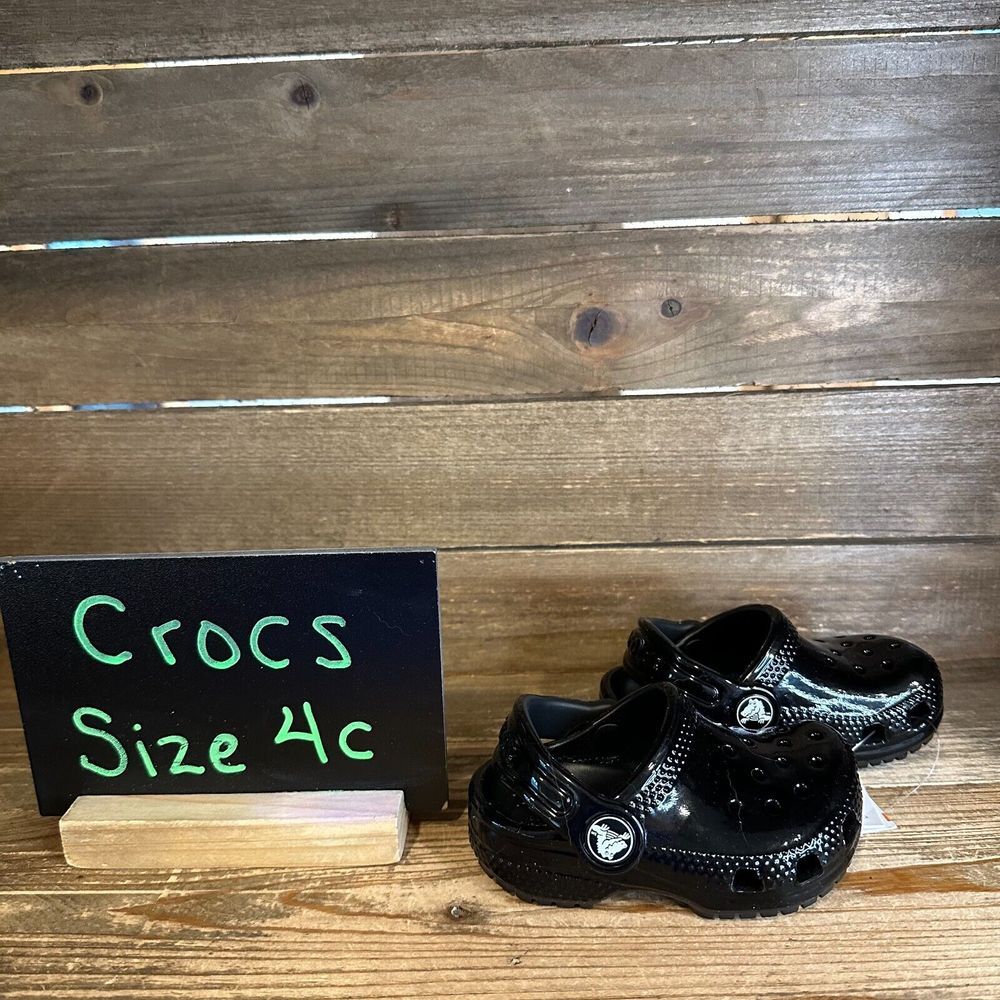 New Kids Crocs Classic Black High Shine Patent Clogs Shoes Sandals Size‎ 4 C